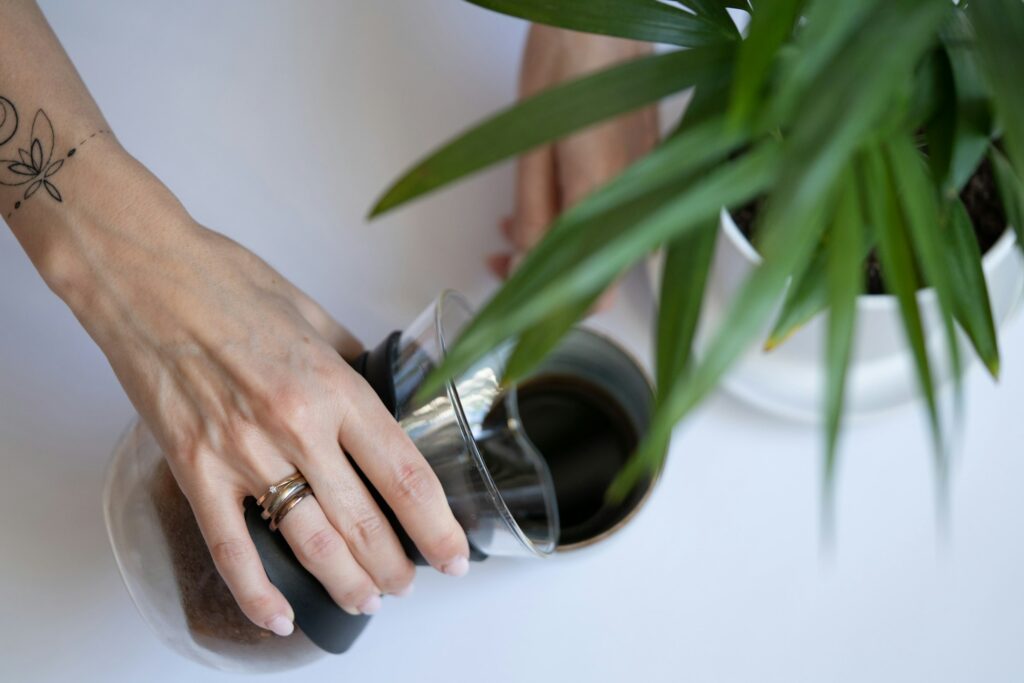 young woman pours coffee into a cup